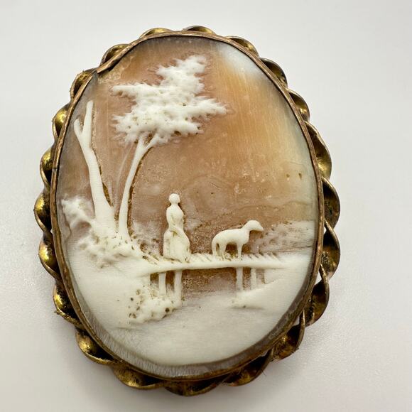 Antique Victorian gold filled woman with dog bridge carved shell cameo brooch - Picture 2 of 9